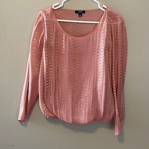 Rose gold pink long sleeve top, elastic gathered waist- falls to hips on me.